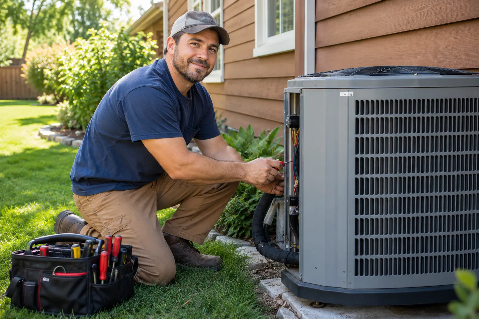 An HVAC provider inspecting an outdoor AC unit at a home in the North Bay area